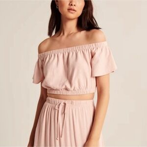 NEW Abercrombie & Fitch Off Shoulder Linen Blend Crop Top Blush Pink XL Whimsy‎